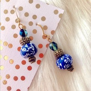 Blue Patterned Clay Bead Dangly Earrings!!!